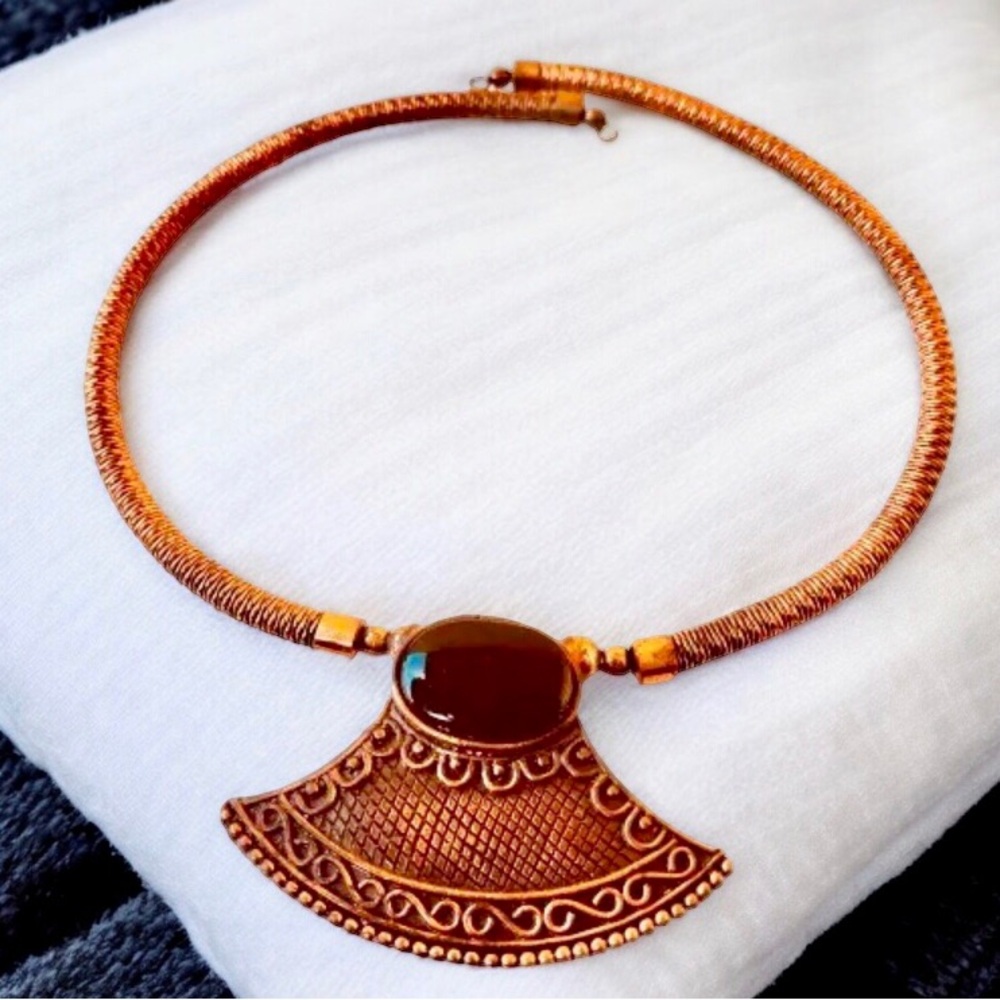 Copper Wrapped Vintage Spring-Loaded Necklace with Black Stone